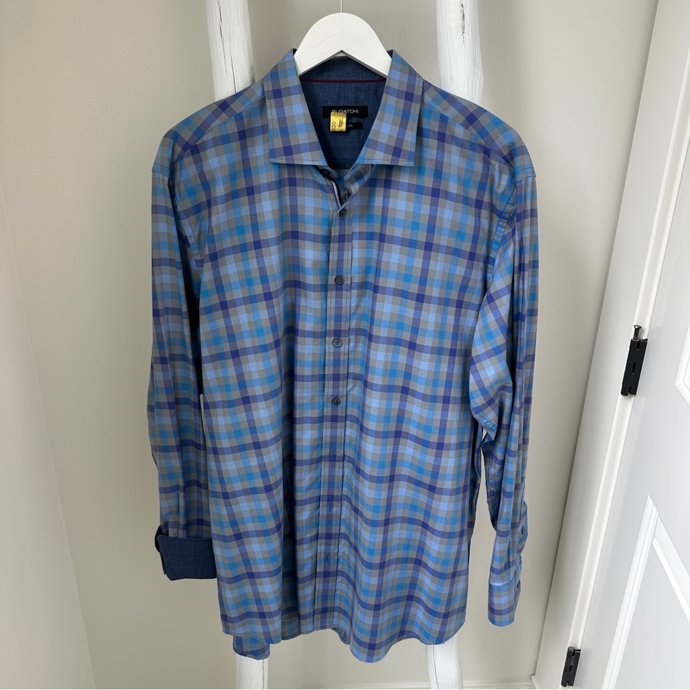Bugatchi Men’s Long Sleeve Plaid Dress Shirt Classic Fit Grey and Blue Sz XL